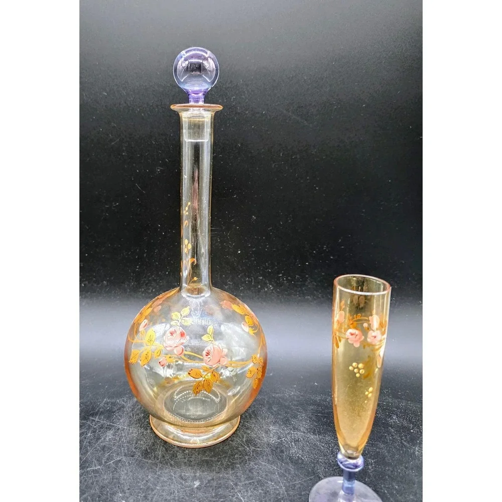Victorian French Hand Painted Floral Glass Decanter Set Amber Purple Stopper 9